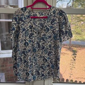 Knox Rose Blue Floral V-Neck Tie-Front Short Sleeve 100% Cotton Blouse XXL